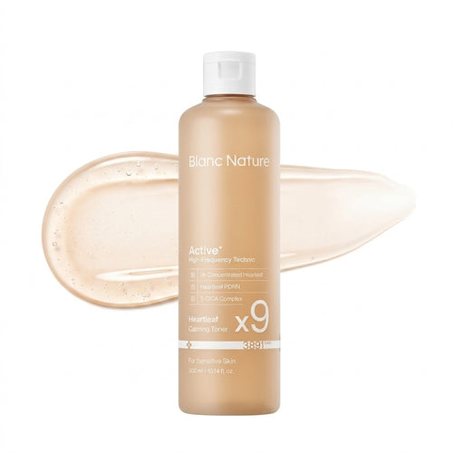 Blanc Nature 9X Heartleaf Calming Toner 300ml warm beige bottle with essence swatch — Glow Ritual
