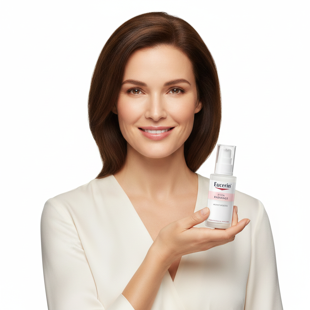 Western woman holding Eucerin Even Radiance Moisturizer bottle, premium brightening skincare — Glow Ritual
