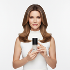 Refilled Hair Recovery Cytokine Booster Pro 70ml — Western woman with glossy healthy hair holding frosted glass serum bottle with black cap, clean studio background
