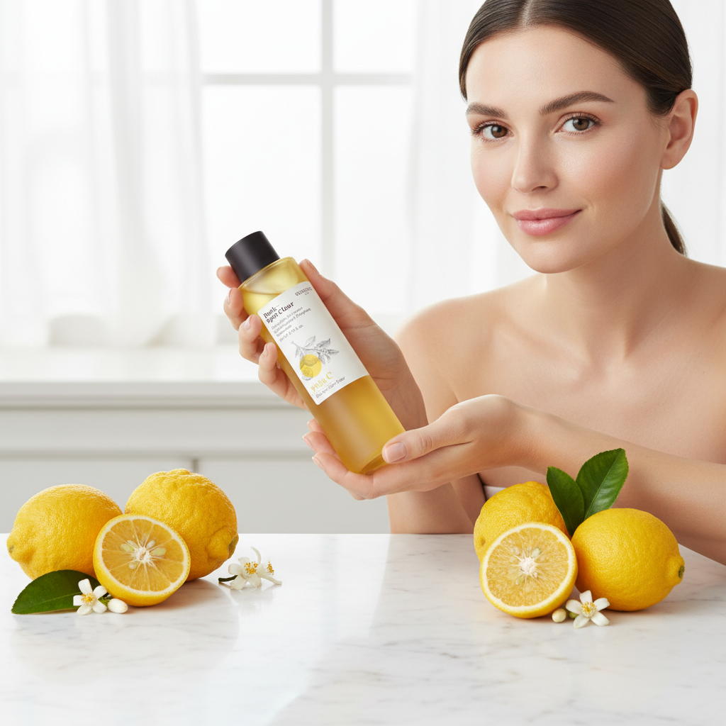 SKINFOOD Yuja C Dark Spot Clear Toner – Caucasian model holding bottle with fresh yuja citrus fruits
