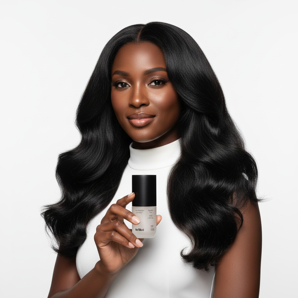 Refilled Hair Recovery Cytokine Booster Pro 70ml — Black woman with healthy voluminous hair holding frosted glass serum bottle with black cap, white studio background
