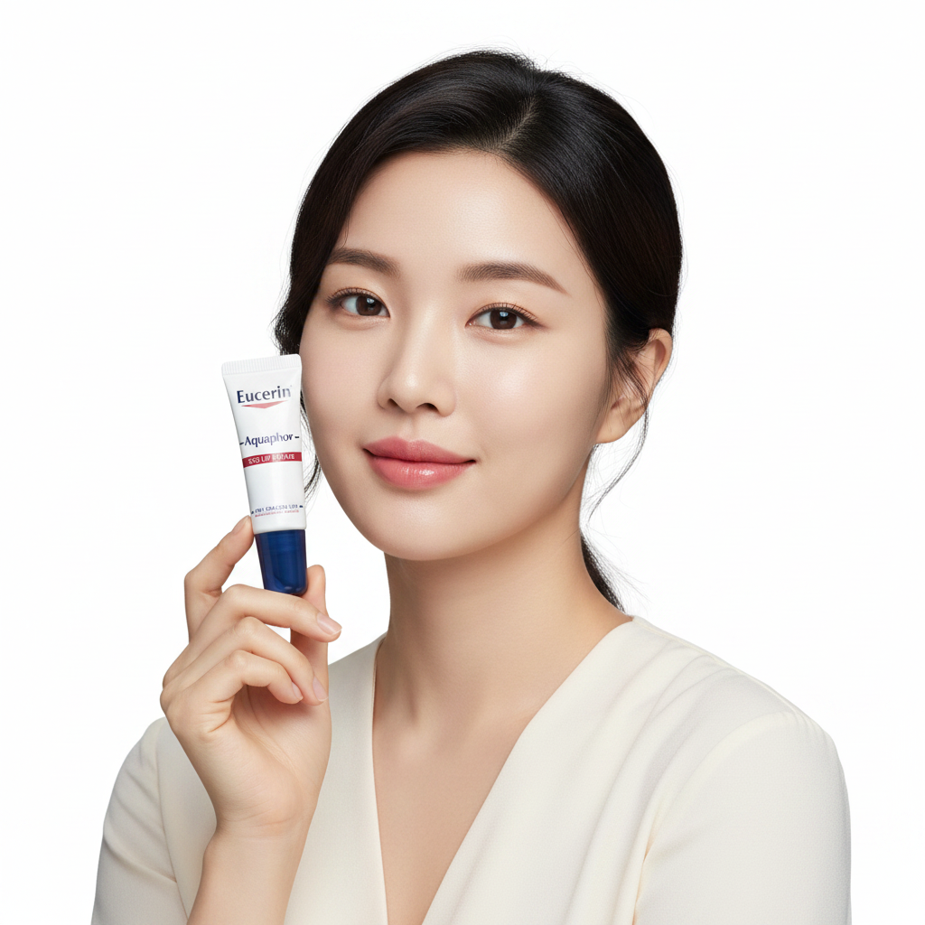 Asian woman holding Eucerin Aquaphor SOS Lip Repair tube, dermatological lip care — Glow Ritual
