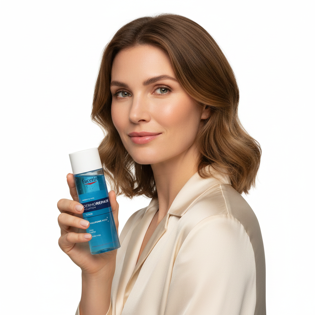 Western woman holding Eucerin Dermo Repair Solution Toner bottle, premium dermatological toner — Glow Ritual
