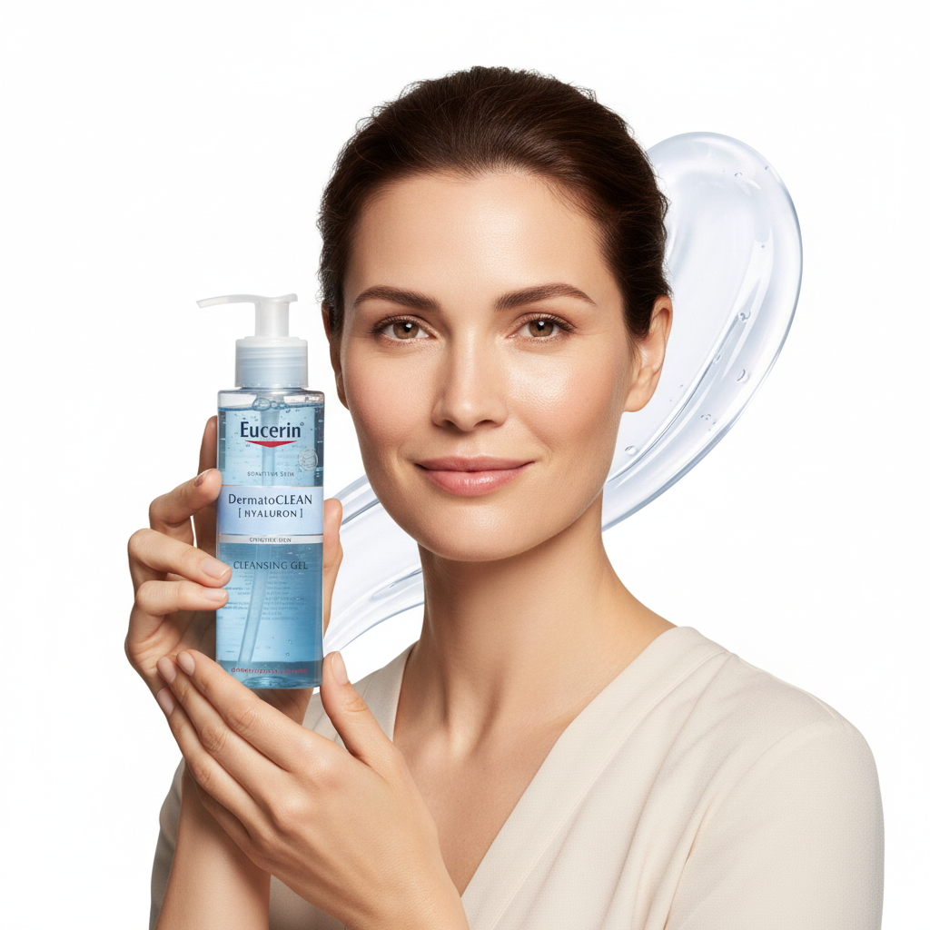 Western woman holding Eucerin DermatoCLEAN Hyaluron Cleansing Gel bottle, premium gentle cleanser — Glow Ritual
