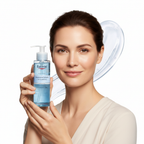 Western woman holding Eucerin DermatoCLEAN Hyaluron Cleansing Gel bottle, premium gentle cleanser — Glow Ritual
