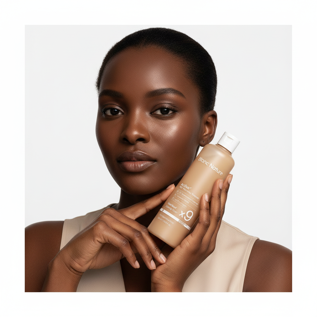 Black woman holding Blanc Nature 9X Heartleaf Calming Toner bottle, radiant skin K-beauty lifestyle — Glow Ritual
