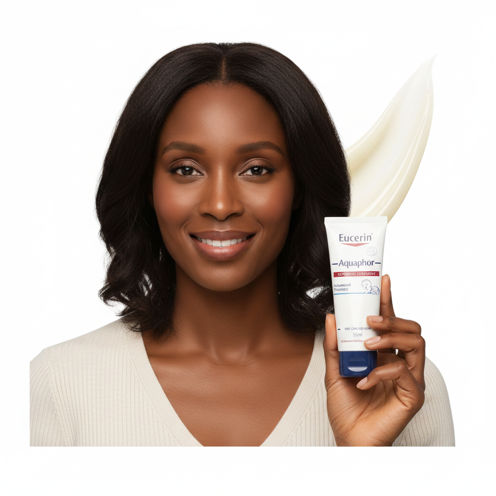 Black woman holding Eucerin Aquaphor Repairing Ointment tube, inclusive premium skin repair — Glow Ritual
