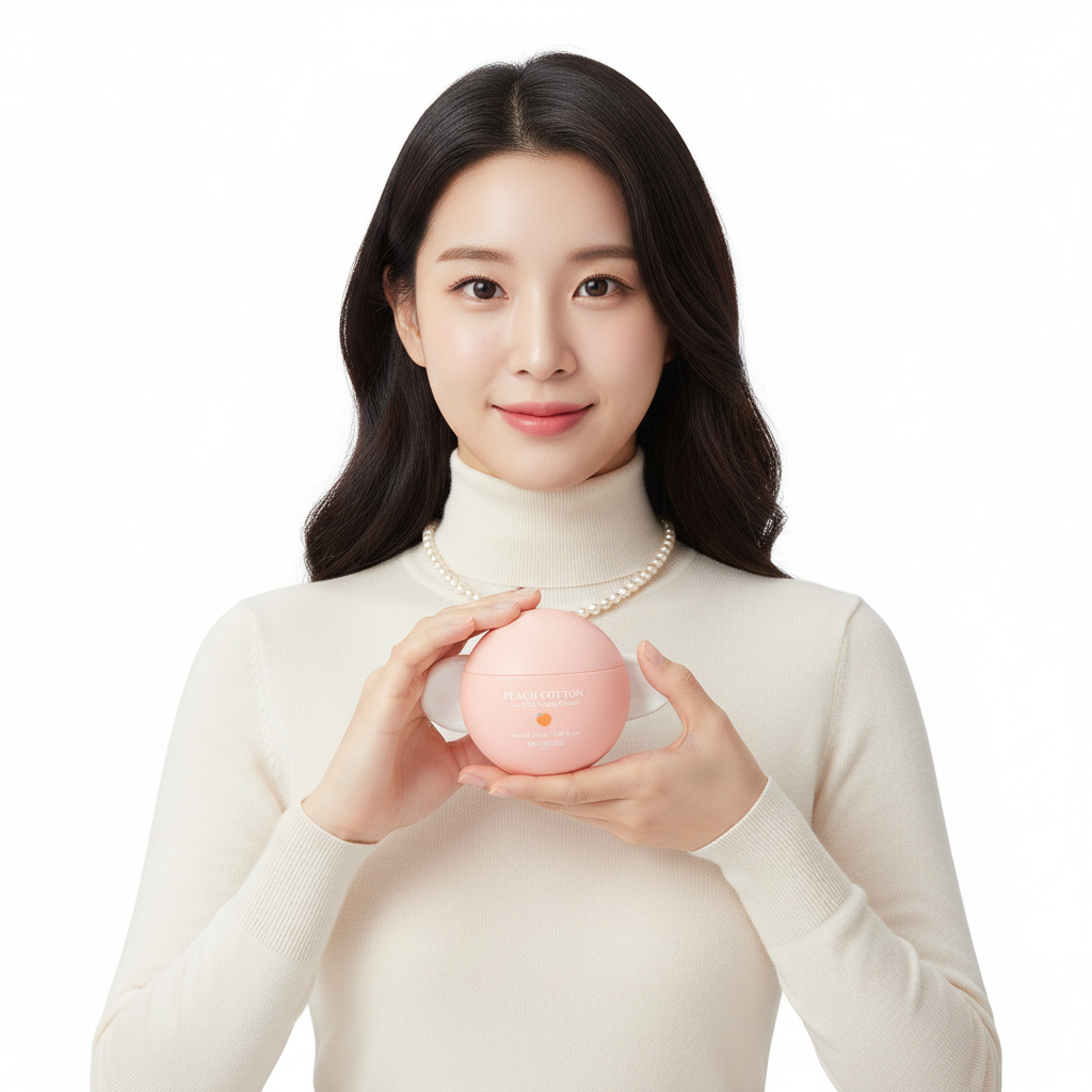 East Asian female model holding SKINFOOD Peach Cotton Zinc PCA Toning Cream round peach-pink sphere jar, white background, sophisticated K-beauty skincare
