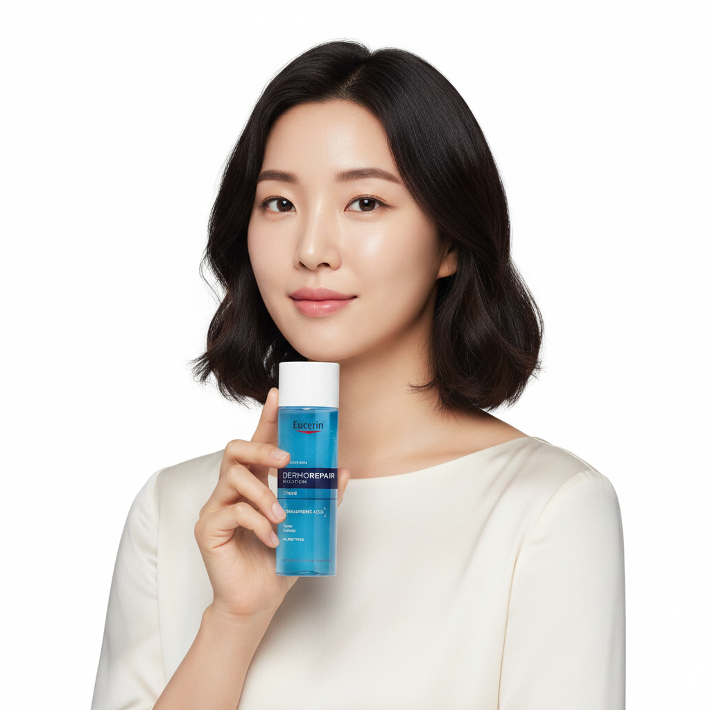 Asian woman holding Eucerin DermatoCLEAN Hyaluron Cleansing Gel bottle, K-beauty dermatological care — Glow Ritual

