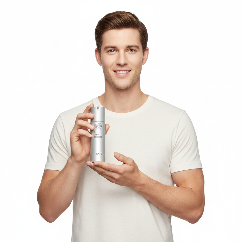 Caucasian male model holding IOPE Men All Day Perfect Tone Up silver pump bottle, white minimalist background, bright even skin
