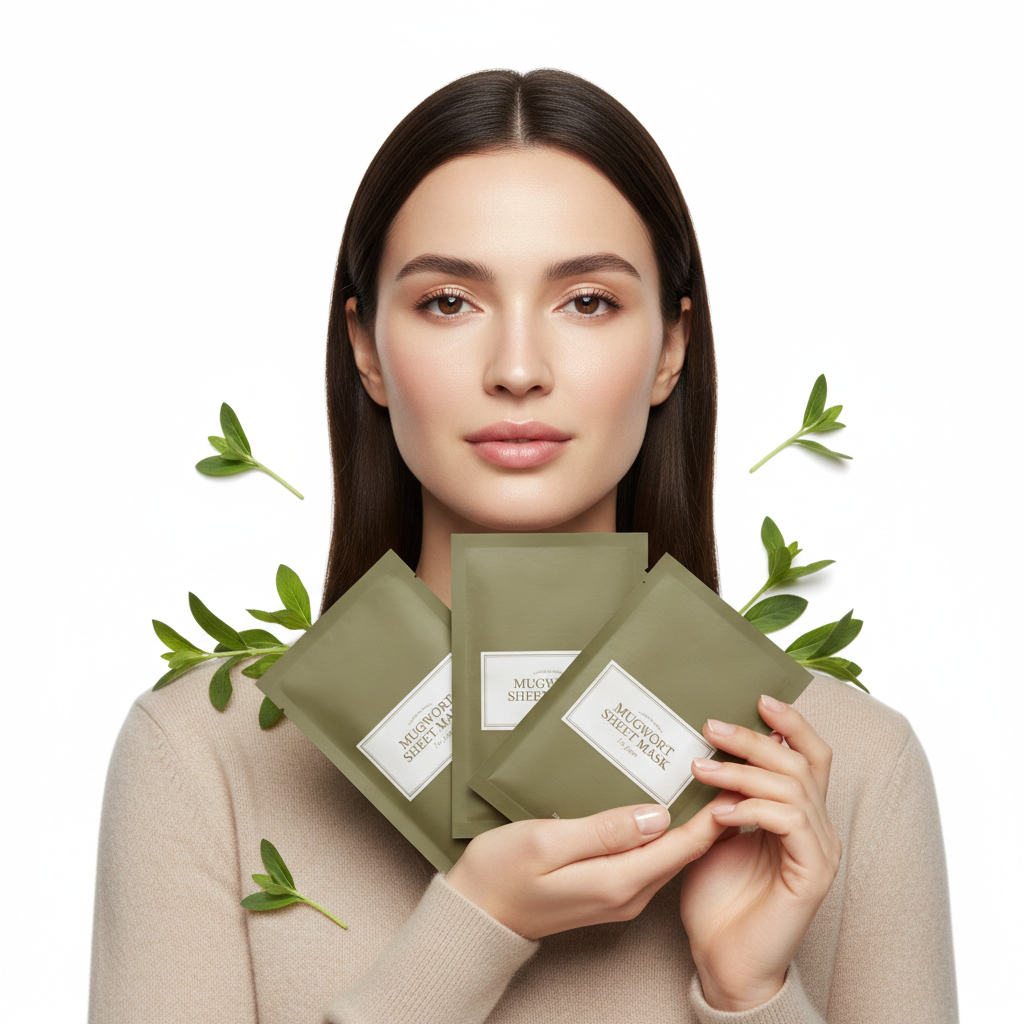 Western woman holding I'm From Mugwort Sheet Mask packets, premium K-beauty skincare lifestyle — Glow Ritual
