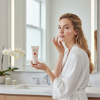 Western woman applying SKINFOOD Tomato Tone Up Sun Cream in mirror, morning skincare routine — Glow Ritual
