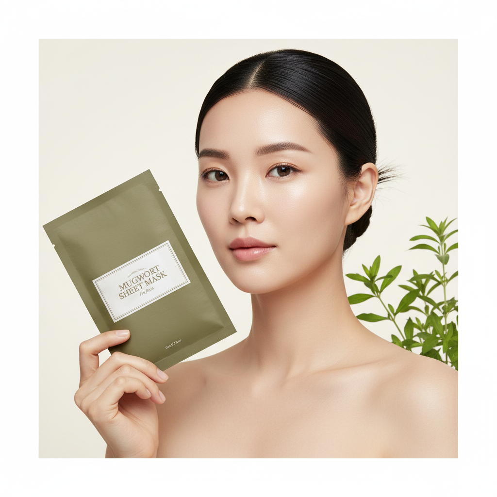 Asian woman holding I'm From Mugwort Sheet Mask packets, K-beauty skincare lifestyle — Glow Ritual
