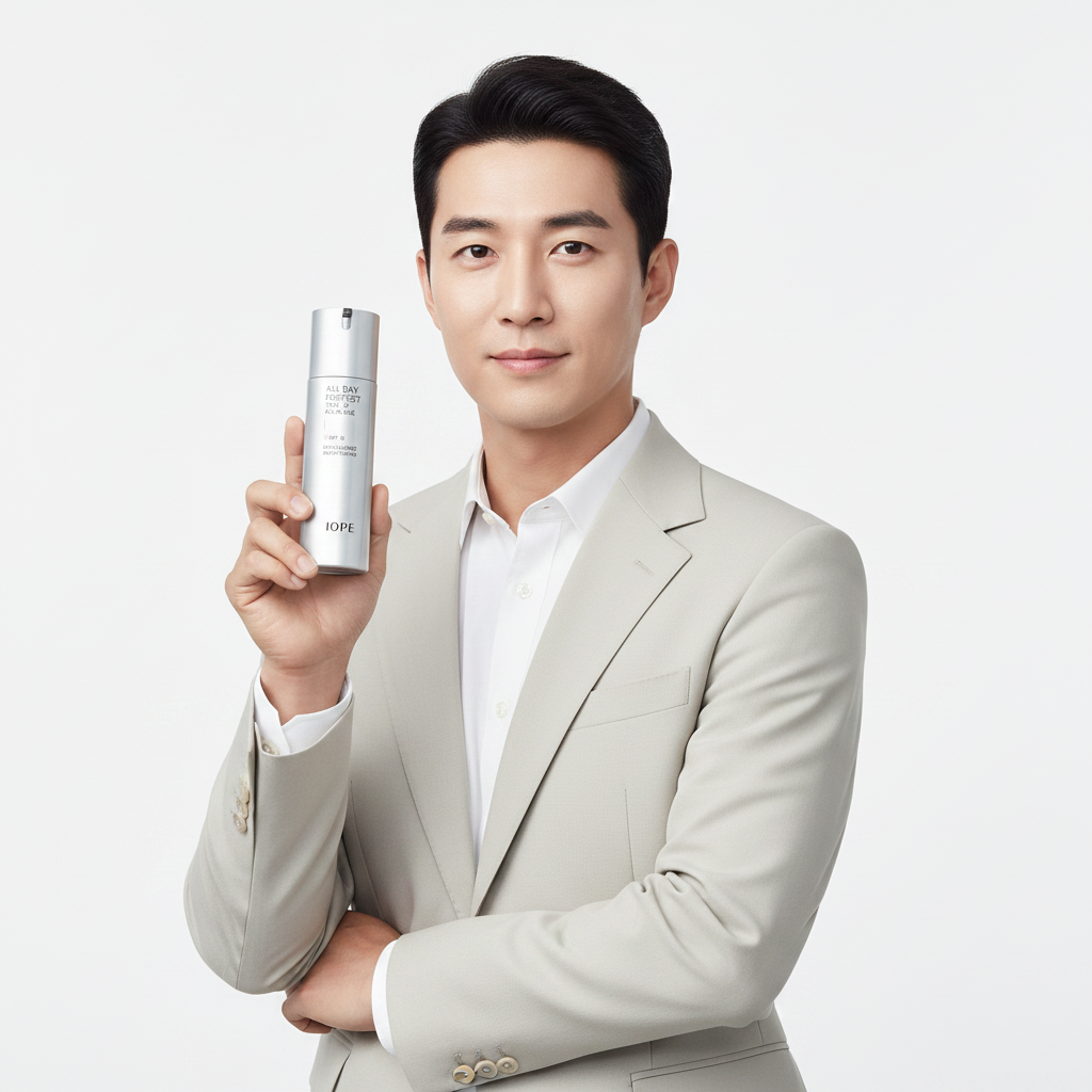 East Asian male model holding IOPE Men All Day Perfect Tone Up silver pump bottle, white background, confident professional look
