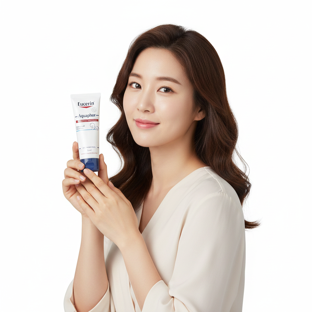 Asian woman holding Eucerin Aquaphor Repairing Ointment tube, premium dermatological body care — Glow Ritual
