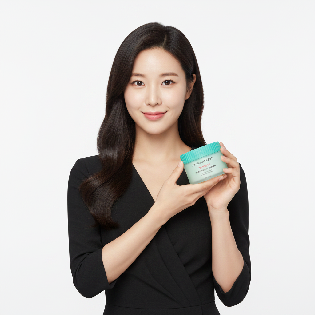 East Asian female model in black dress holding BRINGGREEN Tea Tree Cica Toner Pad mint green container, white background, elegant K-beauty skincare
