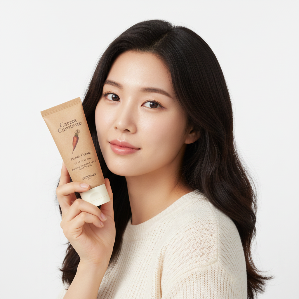 Asian woman holding SKINFOOD Carrot Carotene Relief Cream tube, K-beauty soothing moisturizer — Glow Ritual
