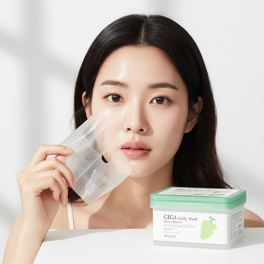 Asian woman with calm hydrated skin after SKINFOOD Cica Daily Mask, K-beauty skincare glow — Glow Ritual
