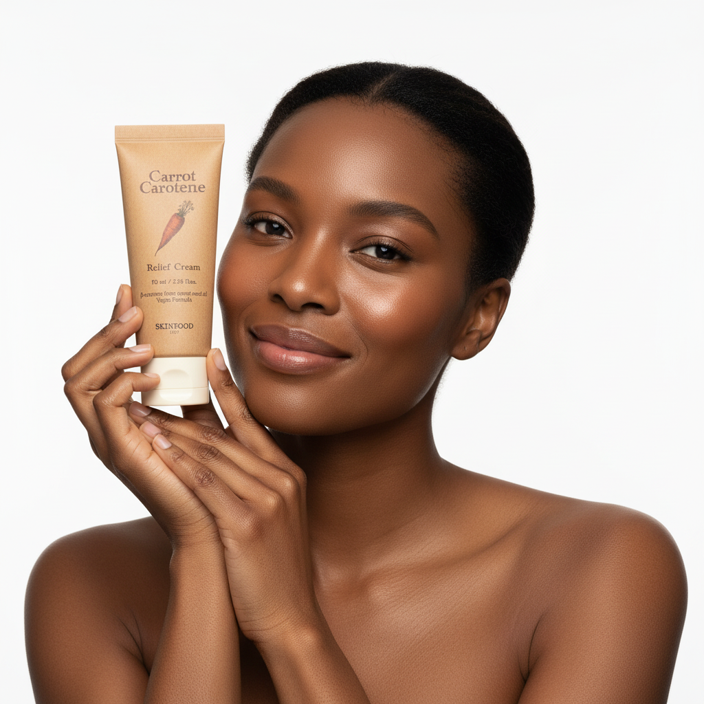 Black woman holding SKINFOOD Carrot Carotene Relief Cream tube, inclusive K-beauty soothing care — Glow Ritual
