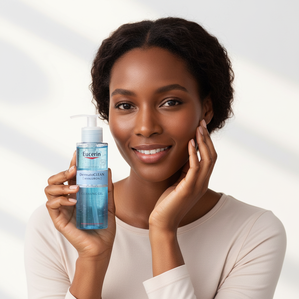 Black woman holding Eucerin DermatoCLEAN Hyaluron Cleansing Gel bottle, inclusive premium skincare — Glow Ritual
