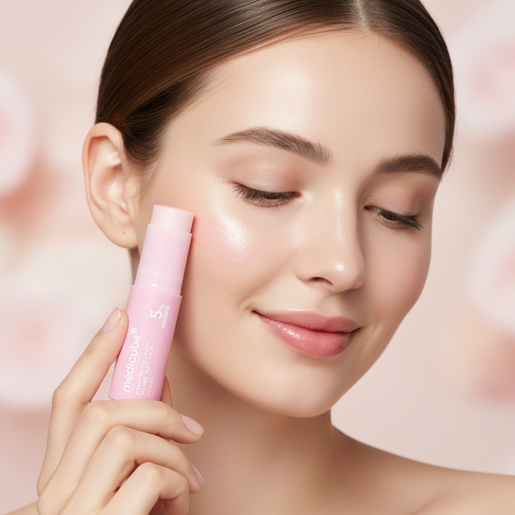 Caucasian woman applying MEDICUBE PDRN Pink Collagen Multi Balm stick to cheek for dewy glow
