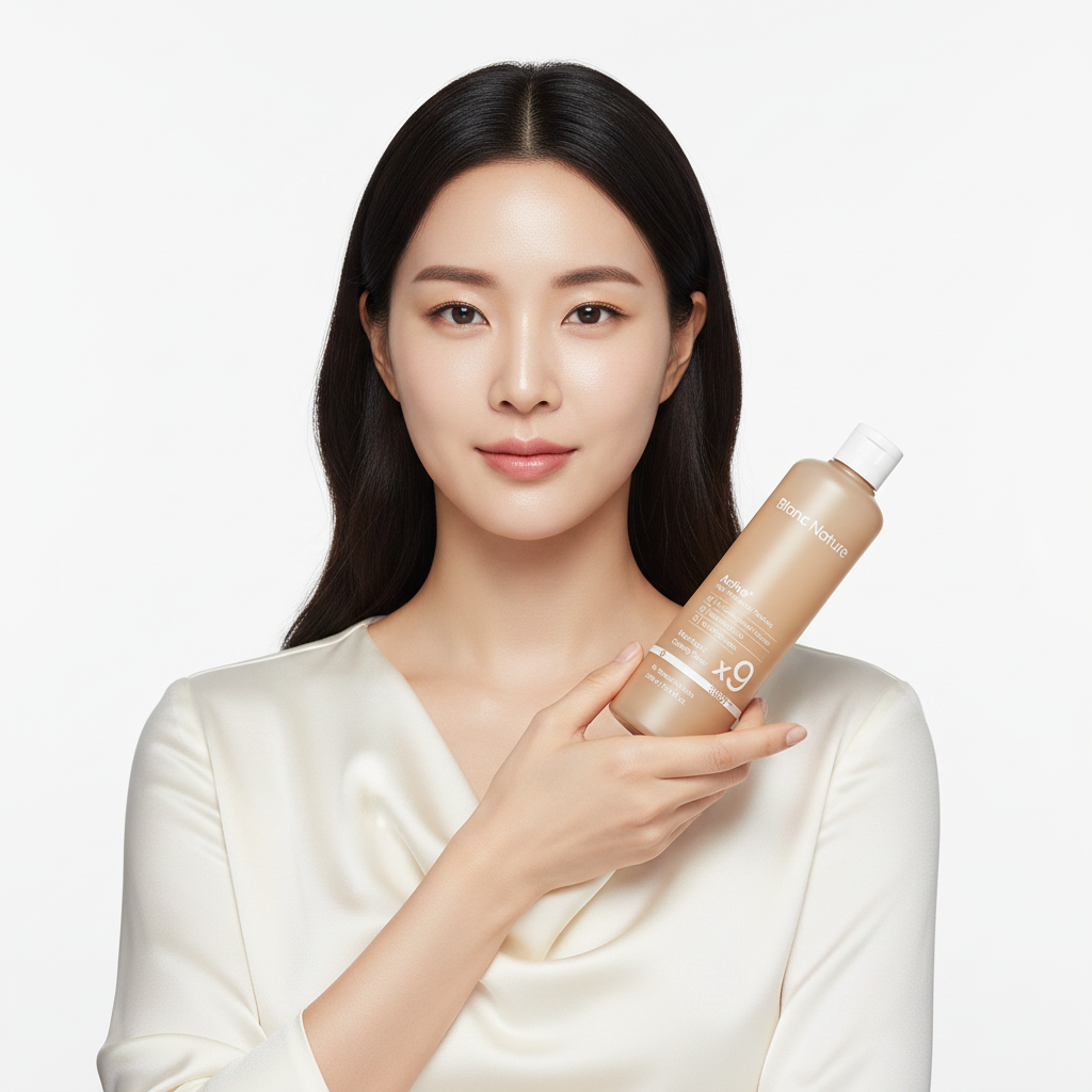 Asian woman holding Blanc Nature 9X Heartleaf Calming Toner bottle, K-beauty skincare lifestyle — Glow Ritual
