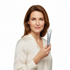 Western woman holding Eucerin Hyaluron 3X Eye Cream silver tube, anti-aging eye care — Glow Ritual
