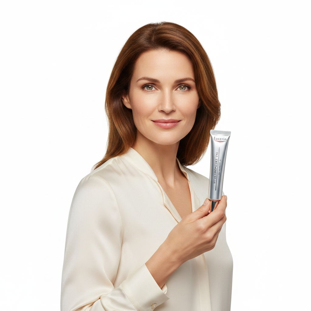 Western woman holding Eucerin Hyaluron 3X Eye Cream silver tube, anti-aging eye care — Glow Ritual
