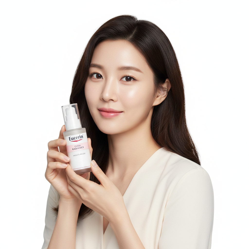 Asian woman holding Eucerin Even Radiance Moisturizer bottle, K-beauty brightening skincare — Glow Ritual
