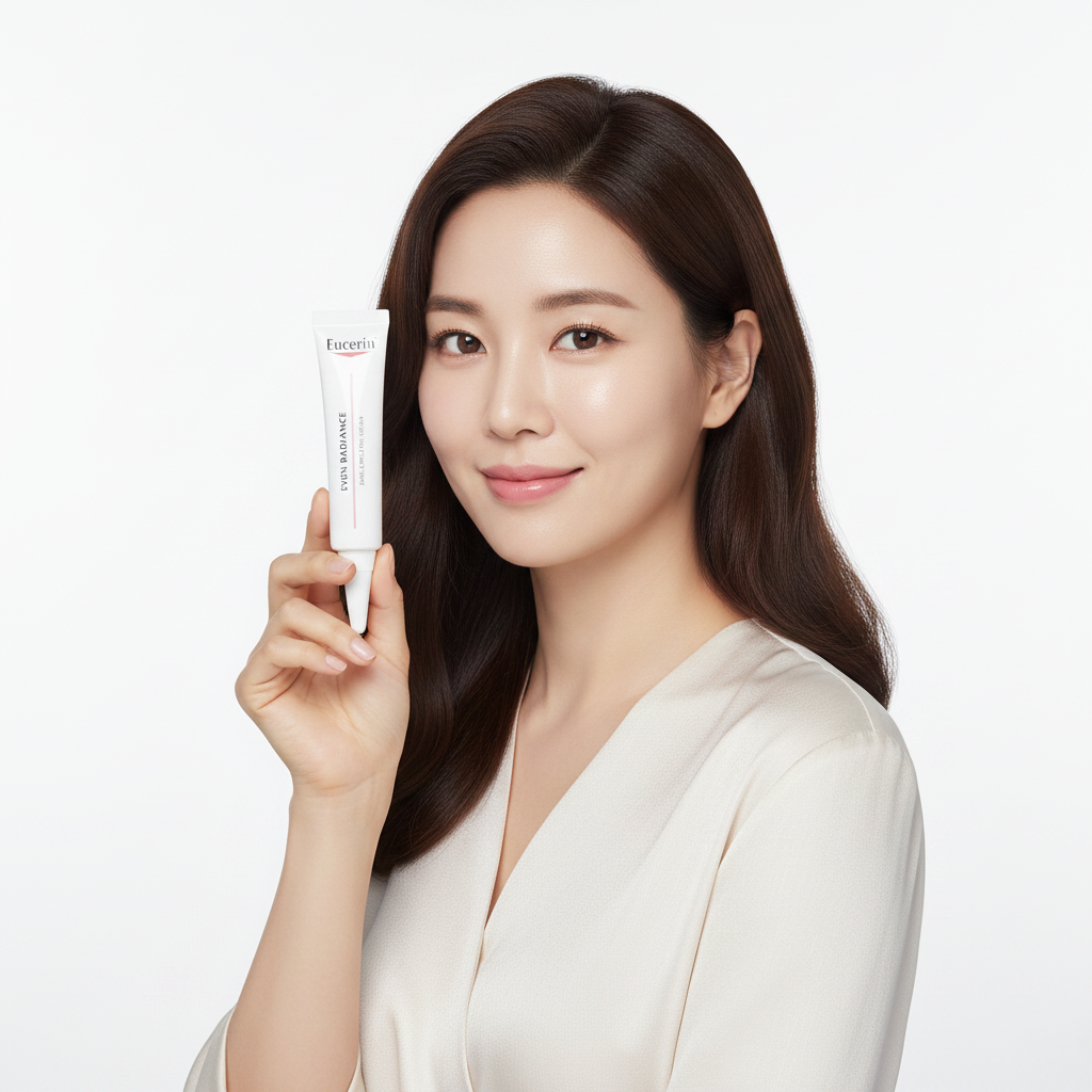 Asian woman holding Eucerin Even Radiance Dark Circle Eye Cream tube, dermatological brightening care — Glow Ritual
