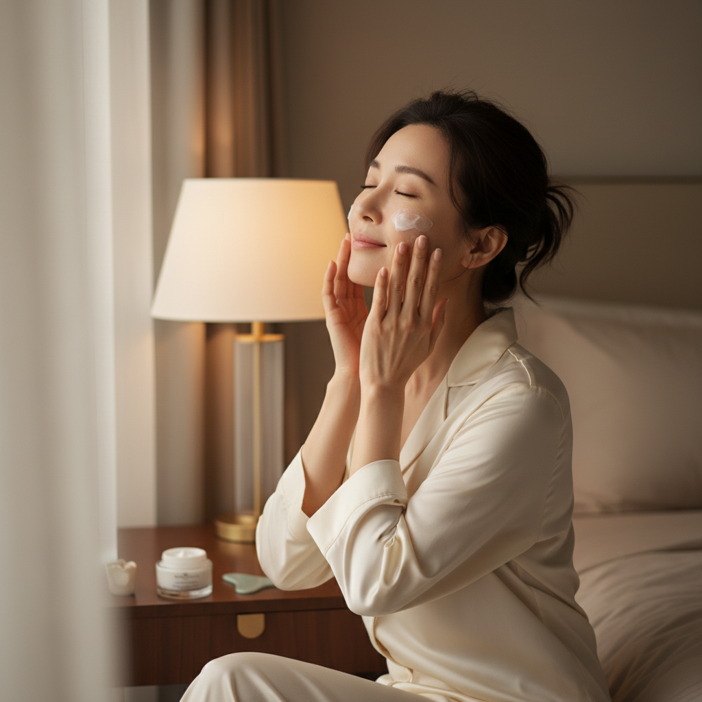 Asian model applying LE'VEA Night Repair Cream as part of evening skincare routine
