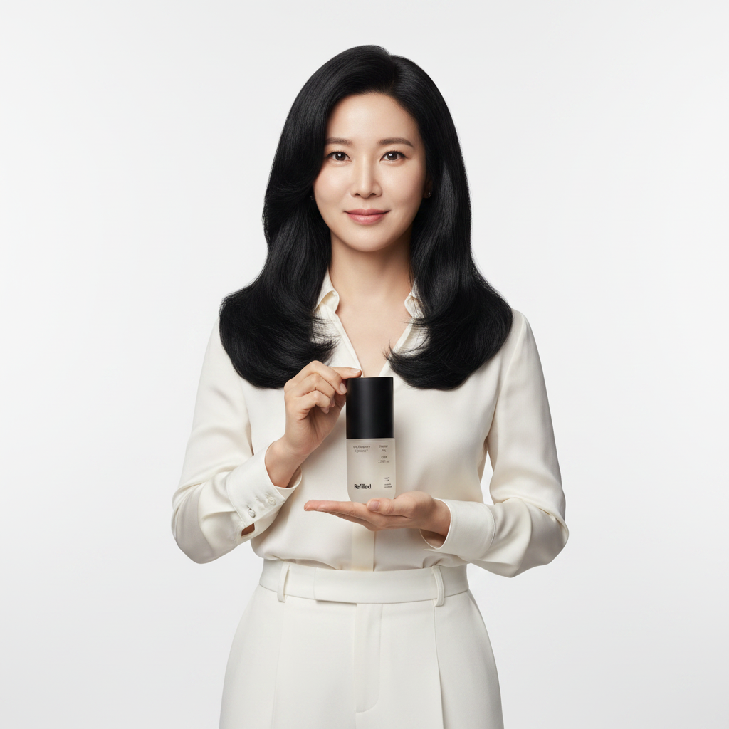 Refilled Hair Recovery Cytokine Booster Pro 70ml — Asian woman with thick healthy hair holding frosted glass serum bottle, Korean beauty editorial
