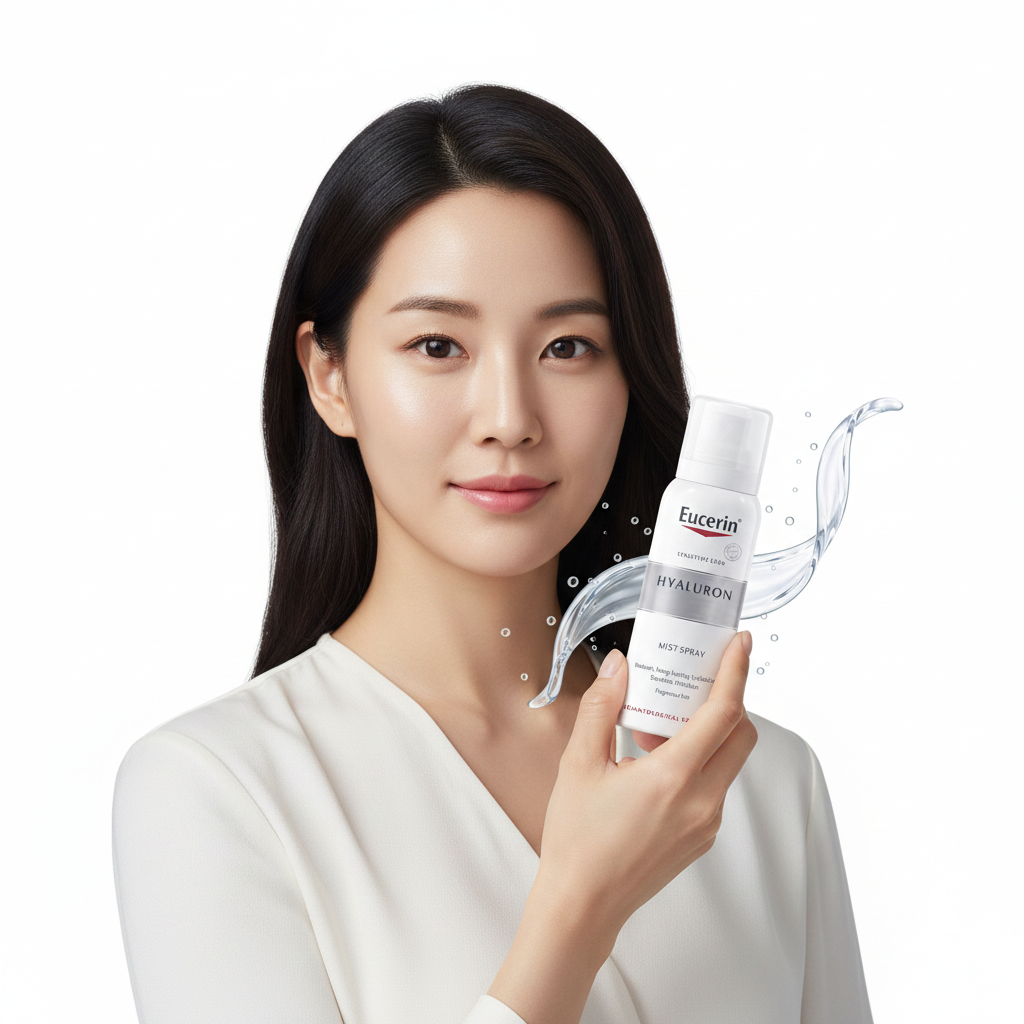 Asian woman holding Eucerin Hyaluron Mist Spray bottle, K-beauty hydration lifestyle — Glow Ritual
