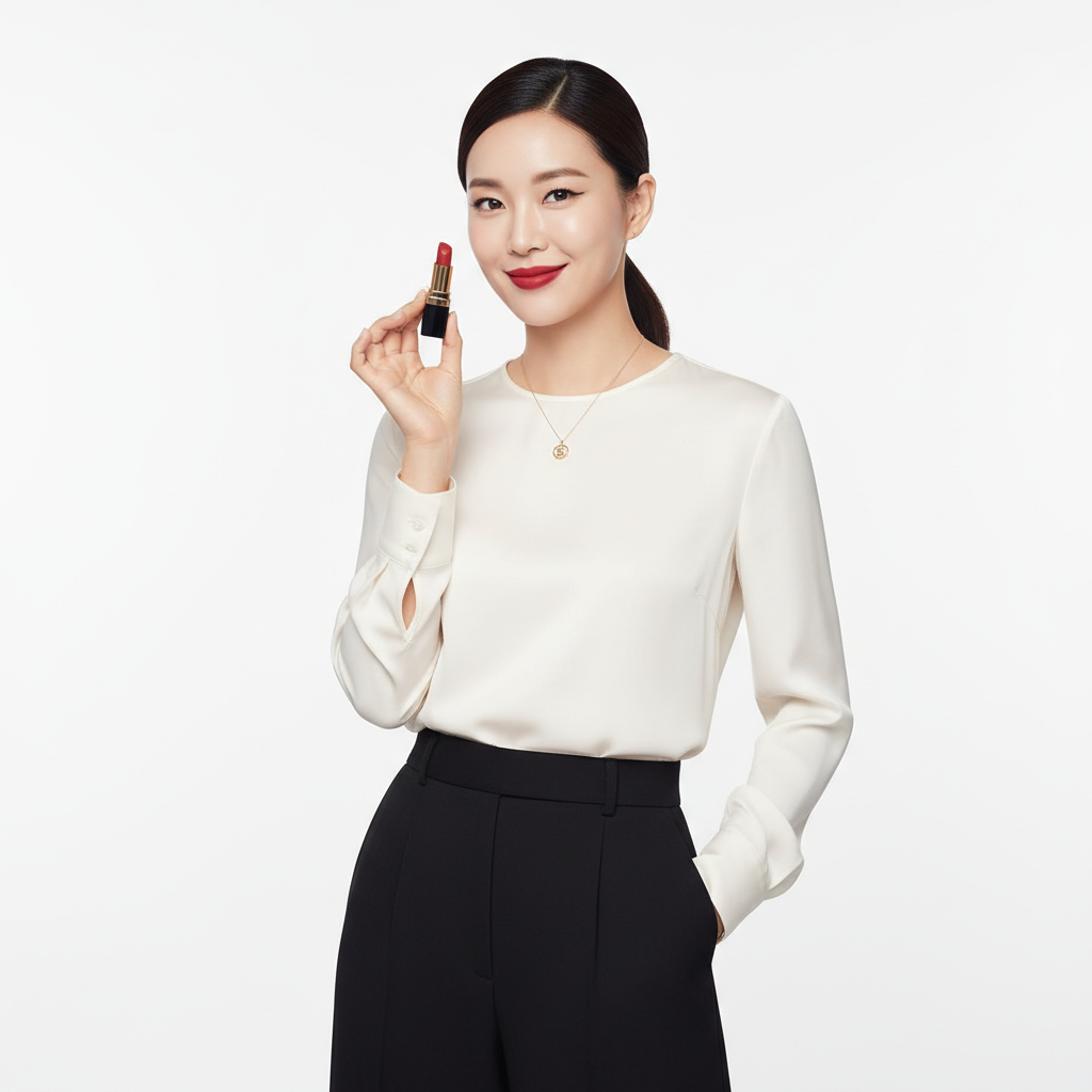 Refined Korean woman holding Chanel Rouge Coco lipstick with a confident smile — luxury cosmetics
