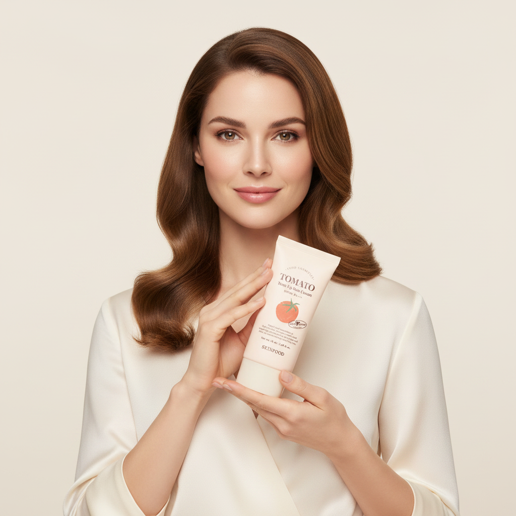 Western woman holding SKINFOOD Tomato Tone Up Sun Cream tube, radiant even skin tone — Glow Ritual
