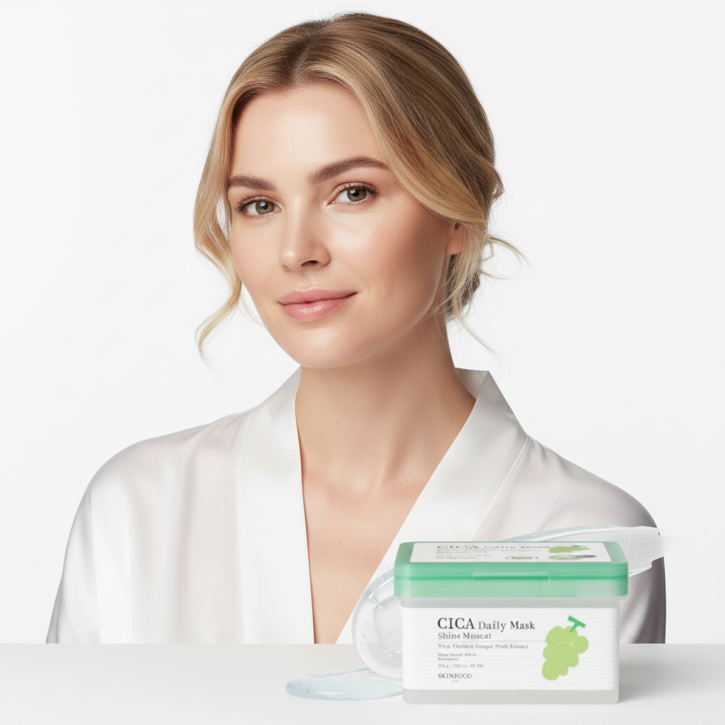 Western woman with glowing soothed skin after SKINFOOD Shine Muscat Cica Daily Mask treatment — Glow Ritual
