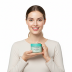Caucasian female model in casual cream sweater with BRINGGREEN Tea Tree Cica Toner Pad on bathroom shelf, lifestyle skincare shot
