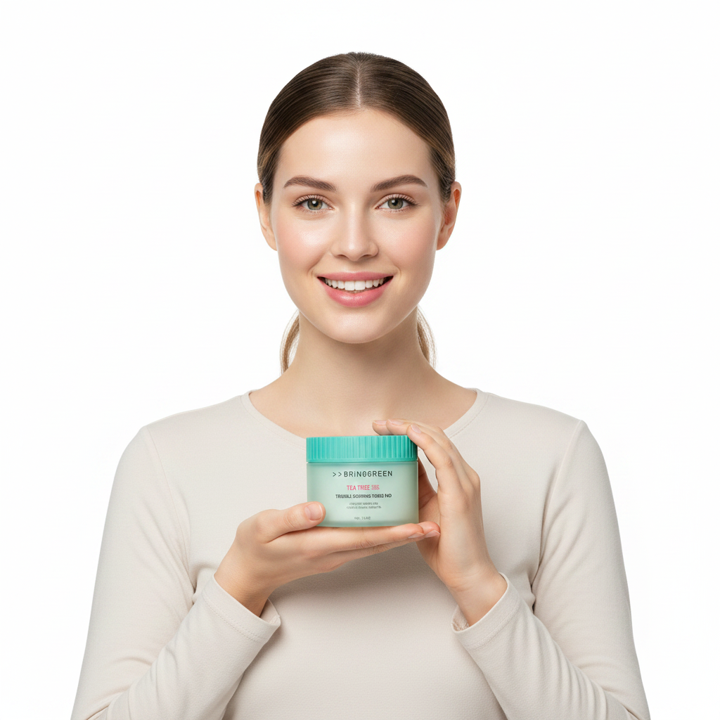 Caucasian female model in casual cream sweater with BRINGGREEN Tea Tree Cica Toner Pad on bathroom shelf, lifestyle skincare shot
