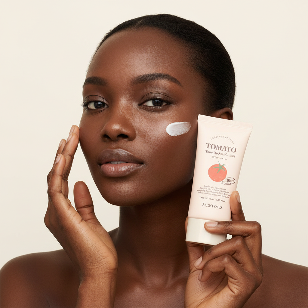 Black woman applying SKINFOOD Tomato Tone Up Sun Cream to cheek, luminous radiant skin — Glow Ritual
