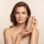 Western woman holding Blanc Nature 9X Heartleaf Calming Toner bottle, premium K-beauty lifestyle — Glow Ritual
