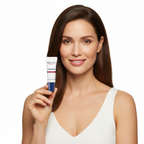 Western woman holding Eucerin Aquaphor SOS Lip Repair tube, premium lip care lifestyle — Glow Ritual
