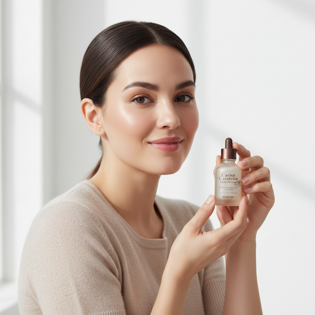 Western woman holding SKINFOOD Carrot Carotene Moist Effector dropper bottle, K-beauty lifestyle — Glow Ritual
