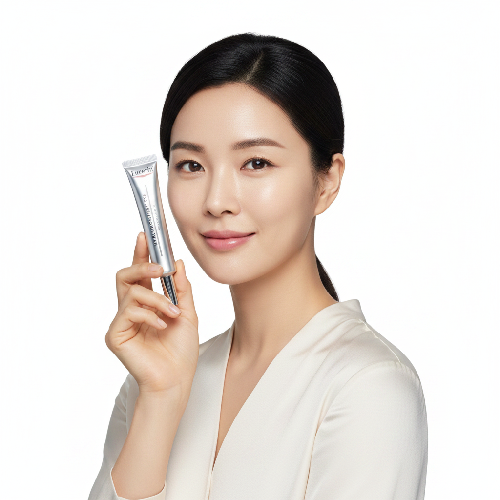 Asian woman holding Eucerin Hyaluron 3X Eye Cream silver tube, premium eye care lifestyle — Glow Ritual
