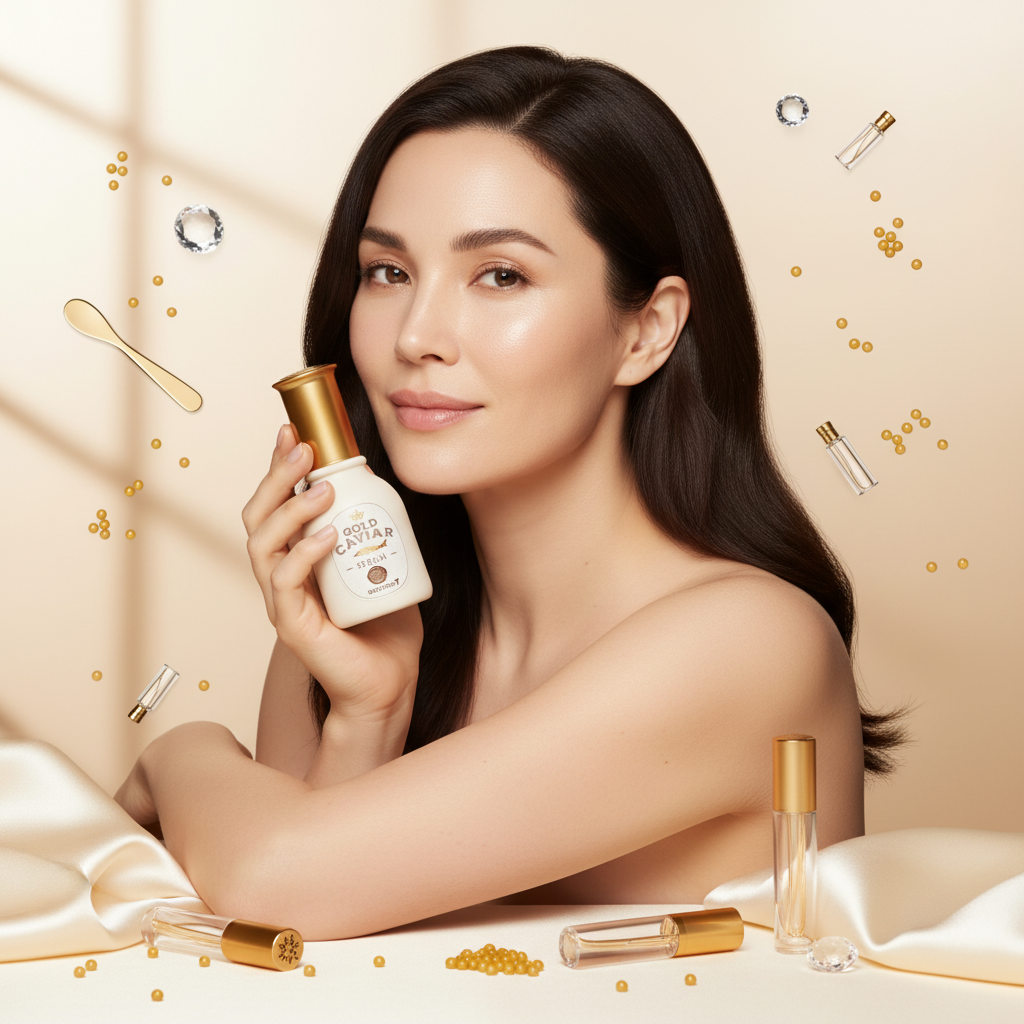 SKINFOOD Gold Caviar Serum – Caucasian model holding bottle with gold caviar luxury props
