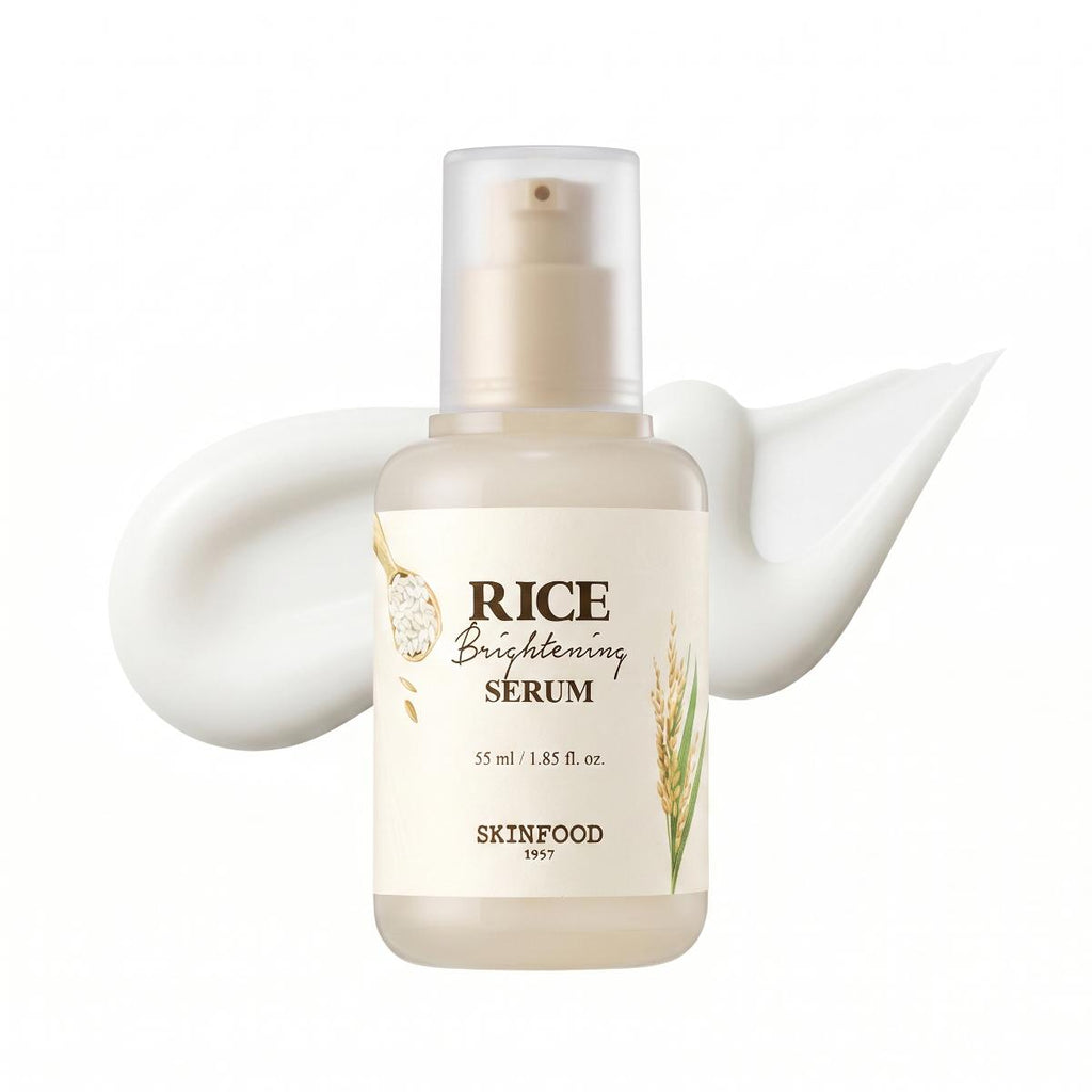 SKINFOOD Rice Brightening Serum 55ml frosted pump bottle with rice stalk illustration, K-beauty brightening serum for glass skin
