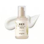 SKINFOOD Rice Brightening Serum 55ml frosted pump bottle with rice stalk illustration, K-beauty brightening serum for glass skin
