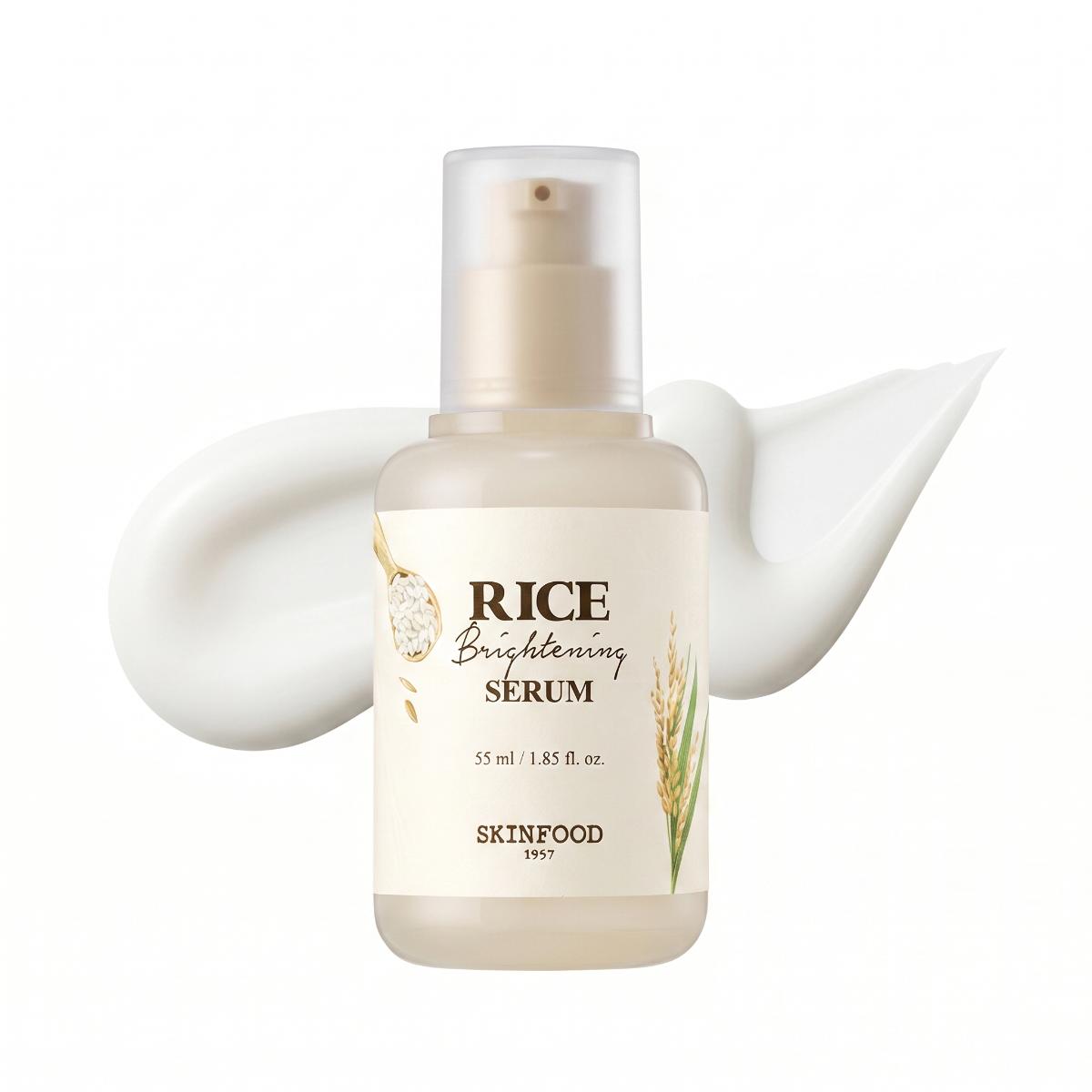 SKINFOOD Rice Brightening Serum 55ml frosted pump bottle with rice stalk illustration, K-beauty brightening serum for glass skin
