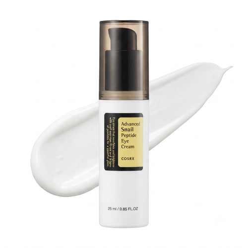 COSRX Advanced Snail Peptide Eye Cream 25ml – White pump tube bottle with snail peptide for dark circle reduction and under-eye firming

