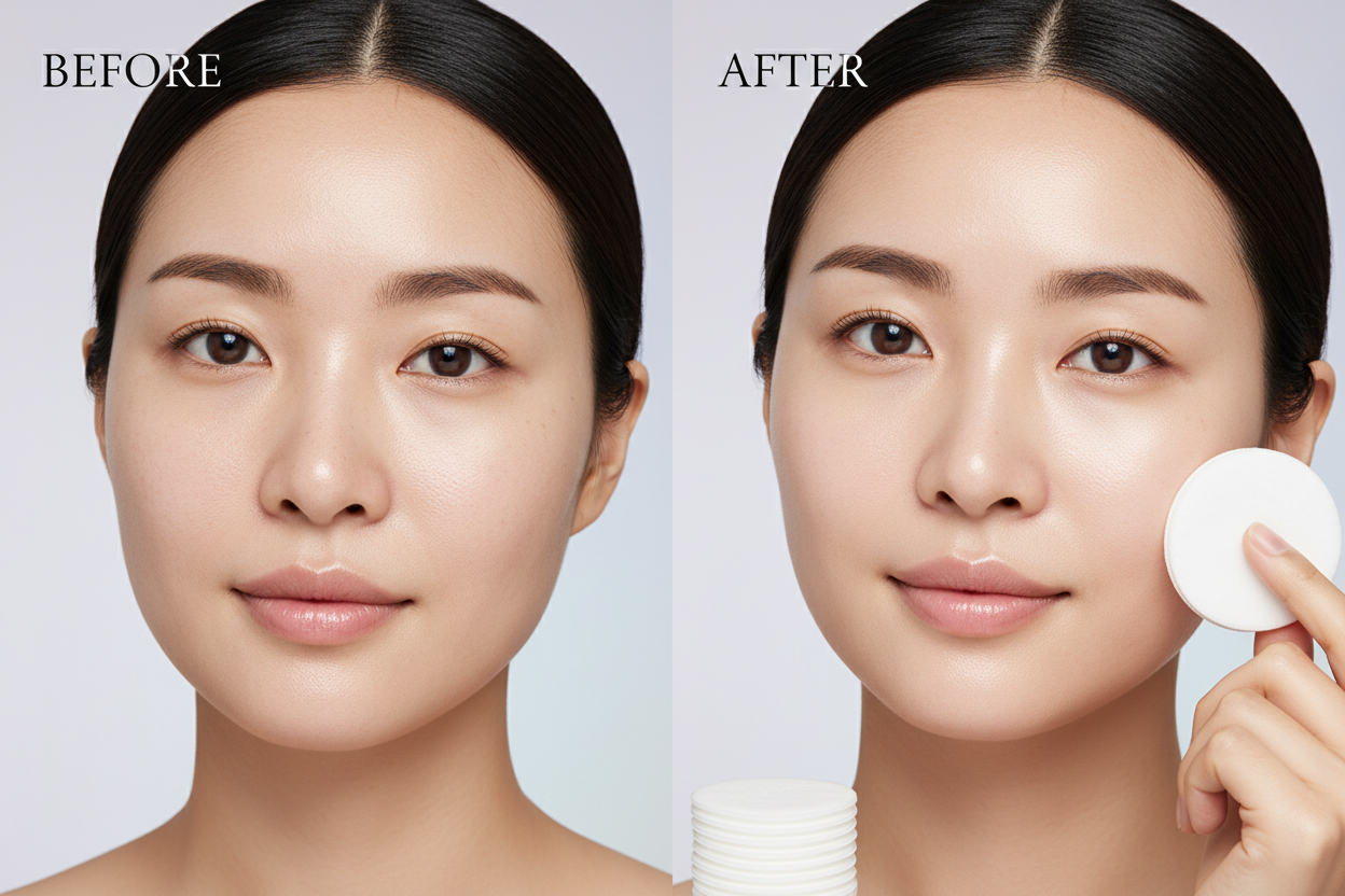 Asian woman before and after using Medicube Zero Pore Pad showing smoother refined skin texture
