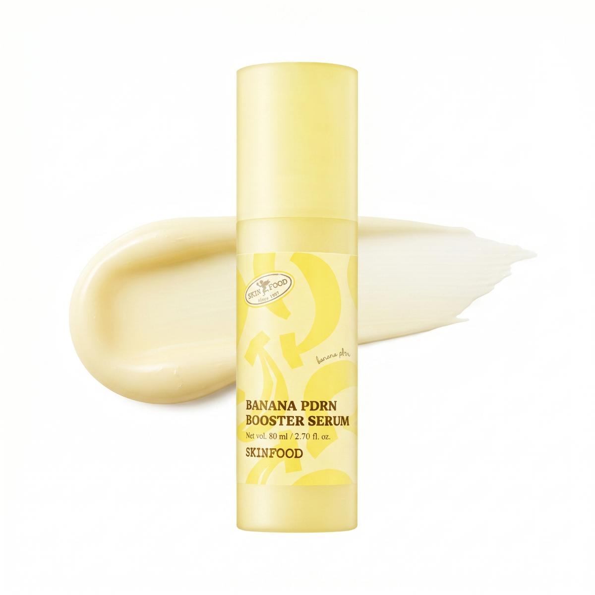 SKINFOOD Banana PDRN Booster Serum 80ml yellow bottle with banana pattern, K-beauty firming booster serum
